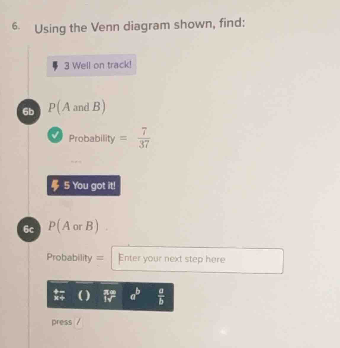 6. using the venn diagram shown, find: 6b ( p(a \text{ and } b) ) proba…