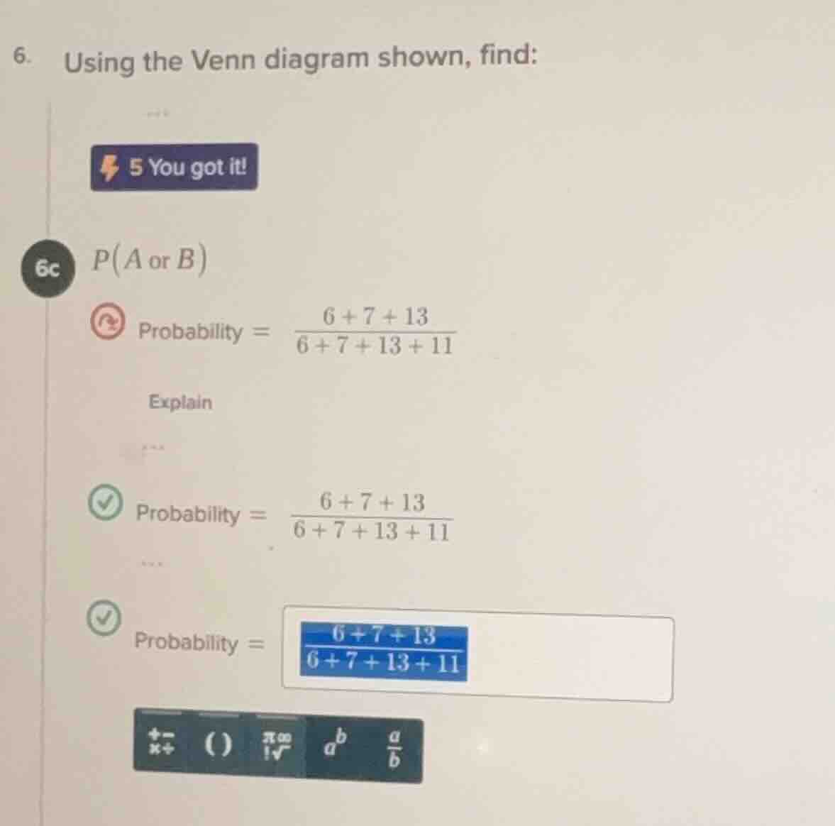 6. using the venn diagram shown, find: 6c ( p(a \text{ or } b) ) probab…