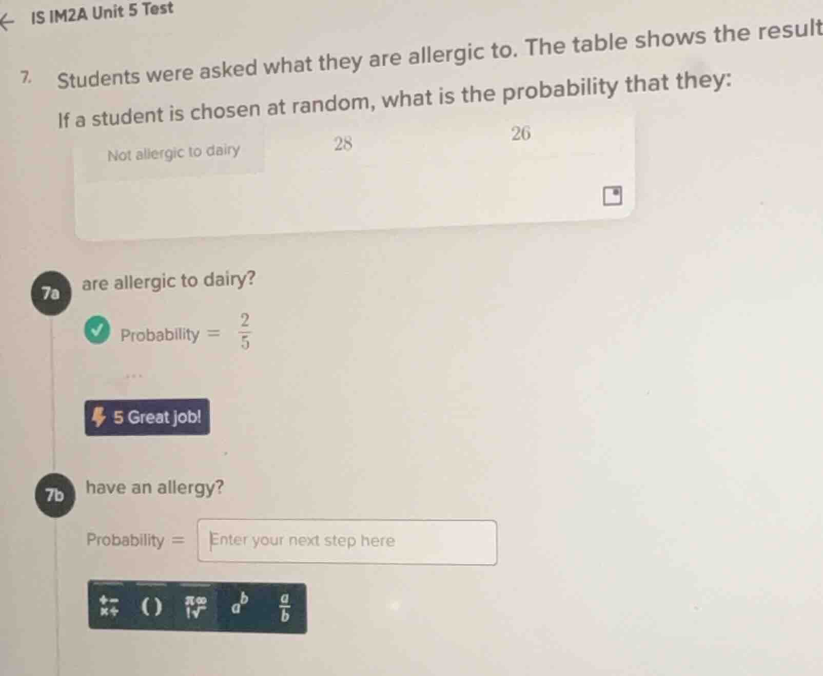 is im2a unit 5 test 7. students were asked what they are allergic to. t…