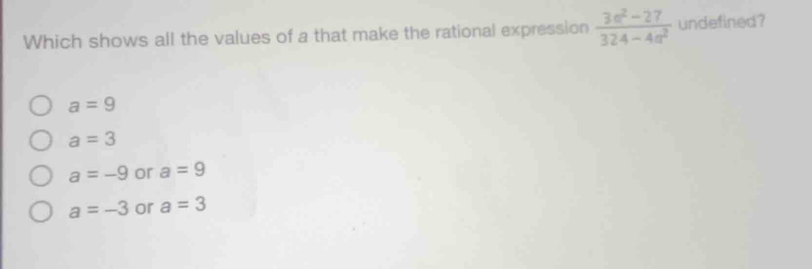 which shows all the values of a that make the rational expression \\(\\…