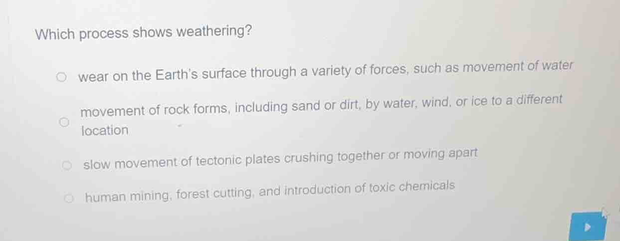 which process shows weathering? wear on the earths surface through a va…