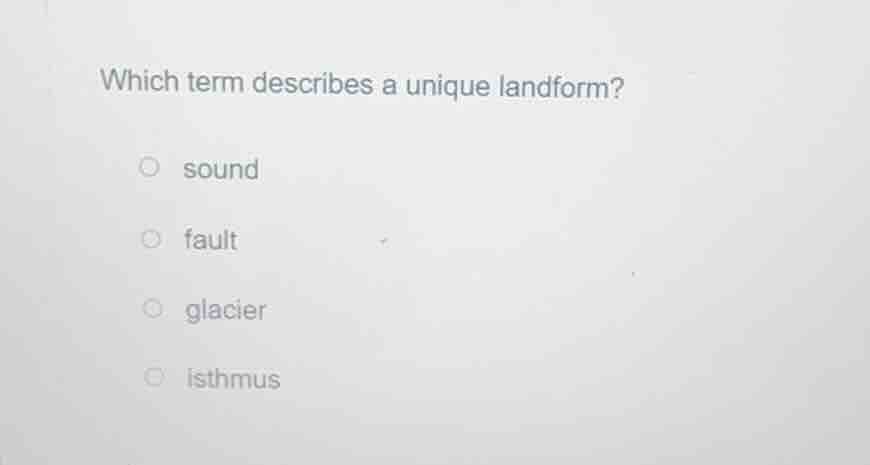 which term describes a unique landform? sound fault glacier isthmus