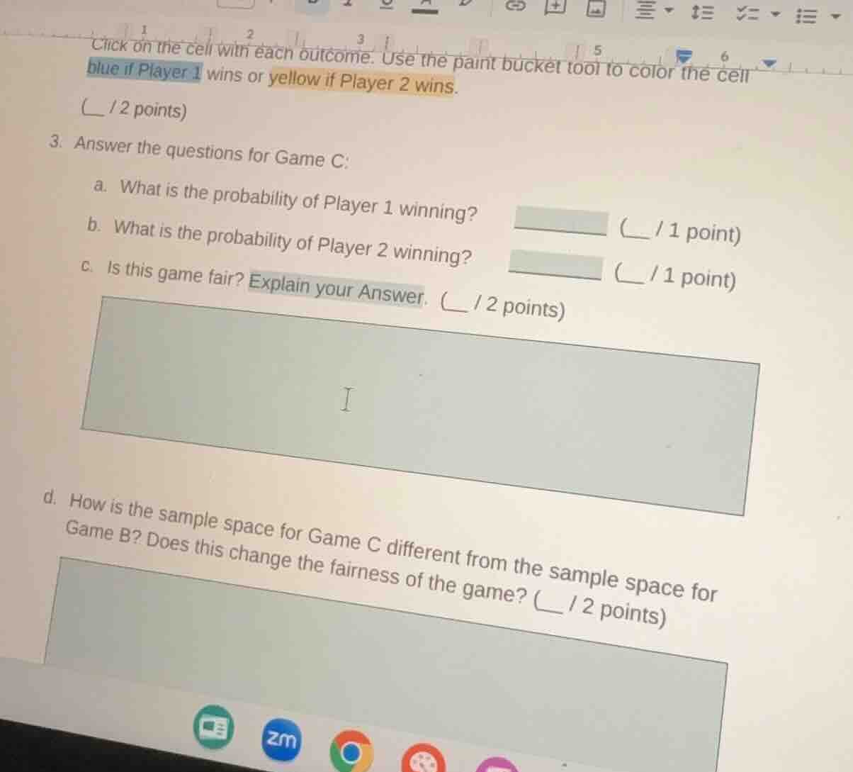 click on the cell with each outcome. use the paint bucket tool to color…