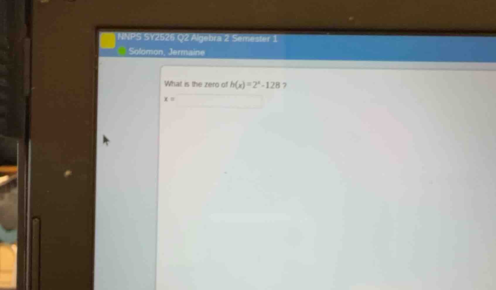 what is the zero of $h(x)=2^x - 128$? $x = $