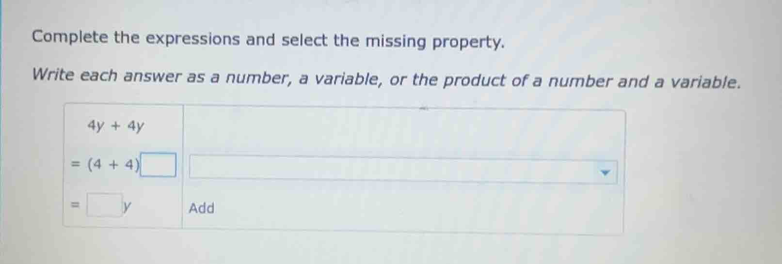 complete the expressions and select the missing property. write each an…
