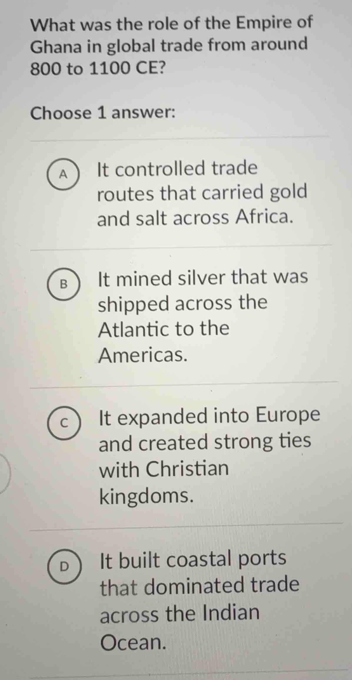 what was the role of the empire of ghana in global trade from around 80…