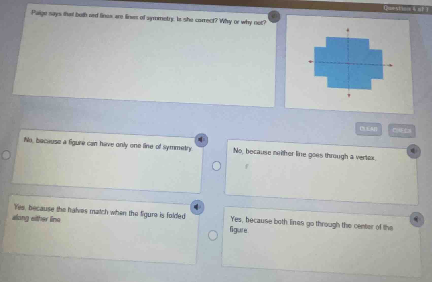 paige says that both red lines are lines of symmetry. is she correct? w…