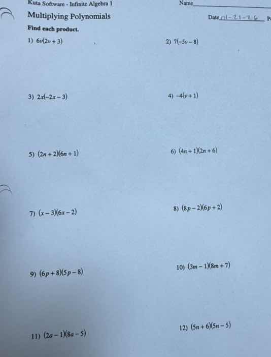 kuta software - infinite algebra 1 multiplying polynomials find each pr…