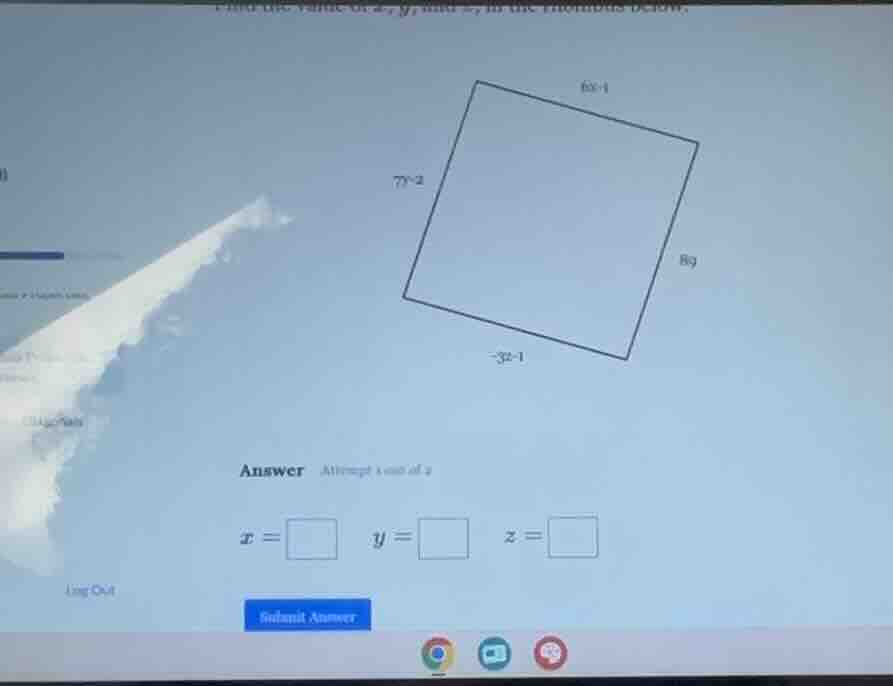 find the value of x, y and z in the rhombus below. the rhombus has side…