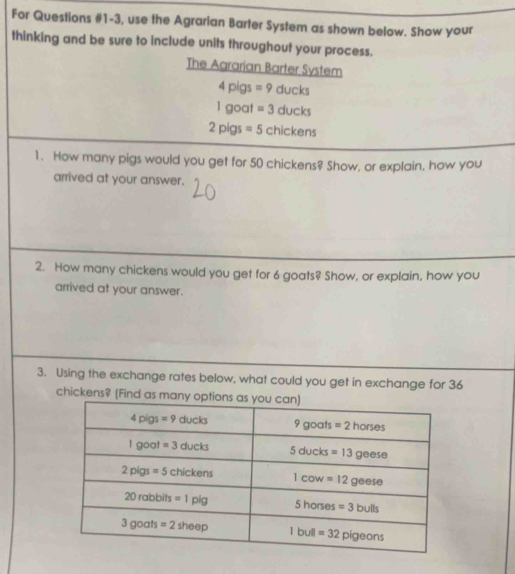 for questions #1-3, use the agrarian barter system as shown below. show…