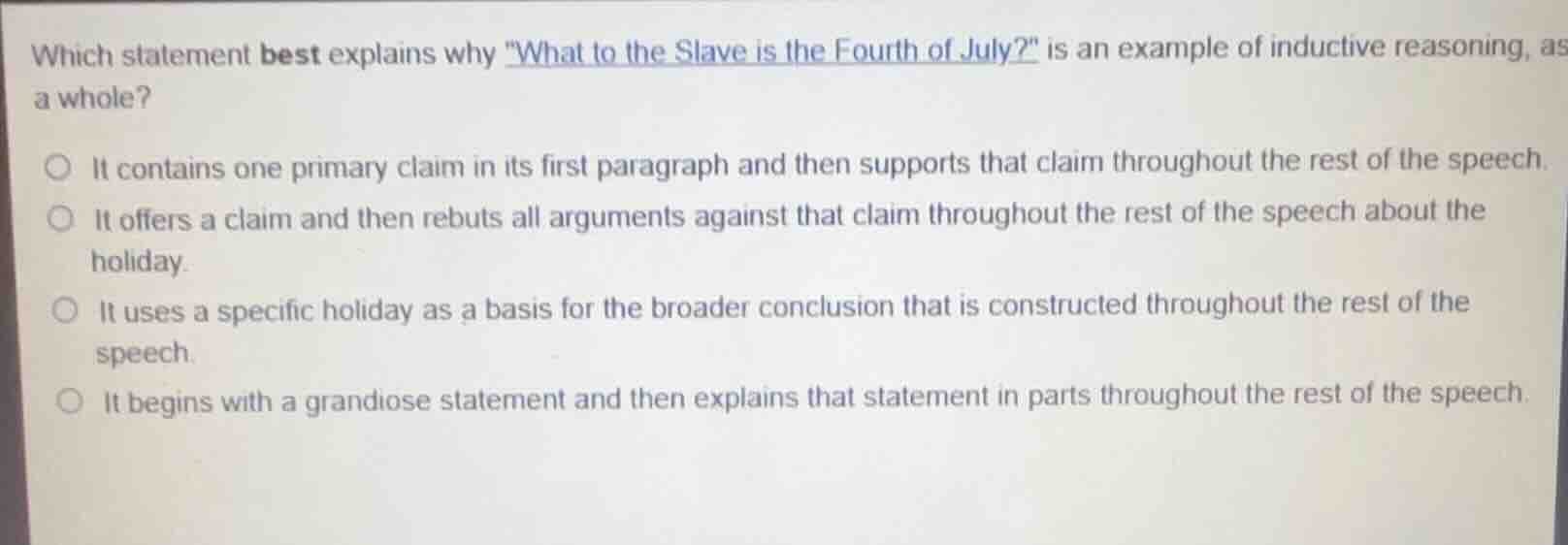 which statement best explains why \what to the slave is the fourth of j…