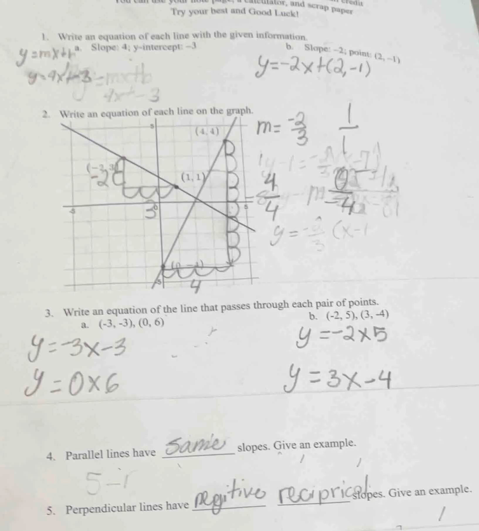 try your best and good luck! 1. write an equation of each line with the…