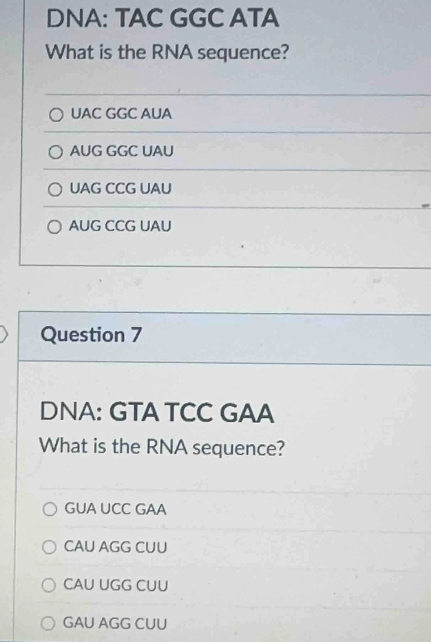 dna: tac ggc ata what is the rna sequence? ○ uac ggc aua ○ aug ggc uau …