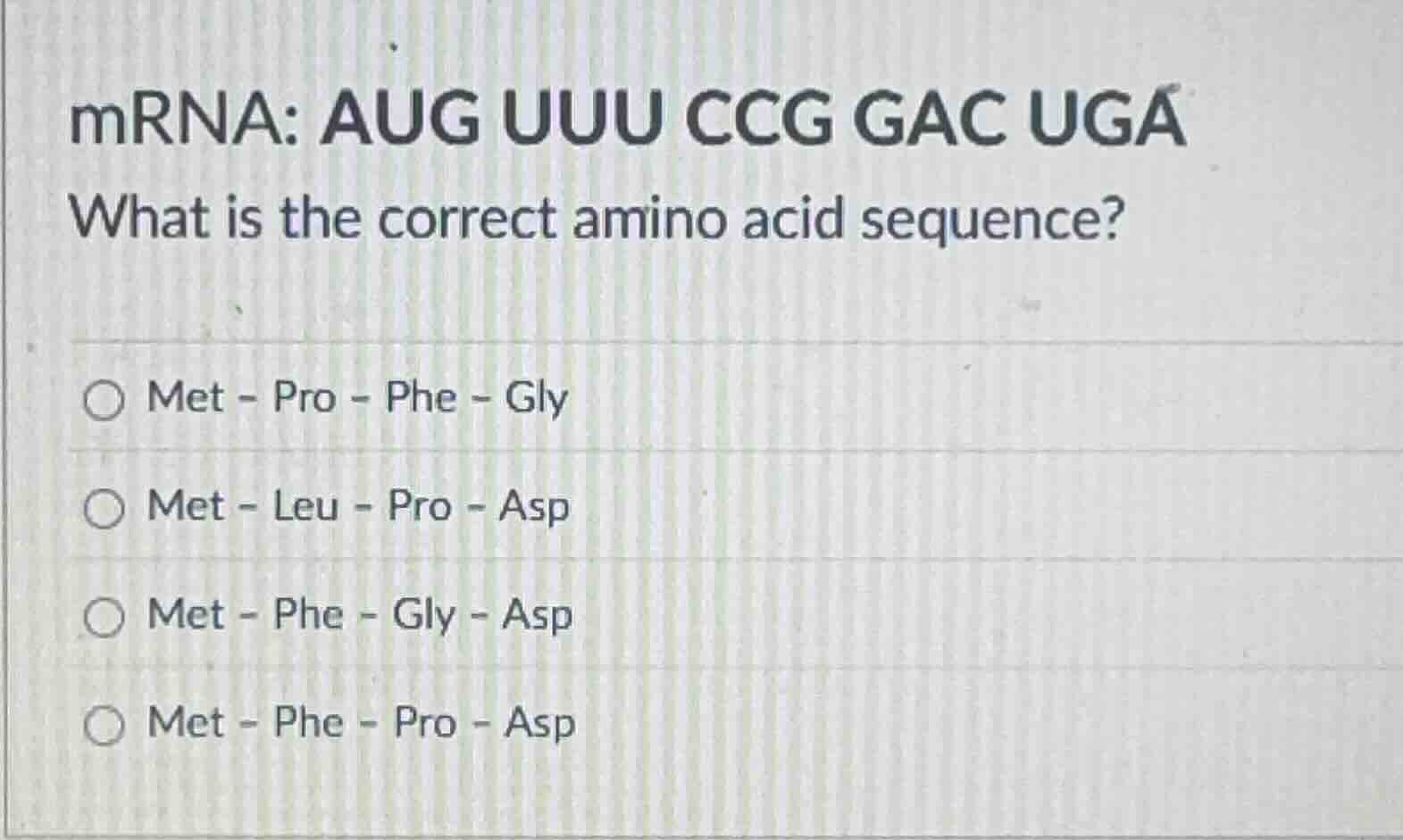 mrna: aug uuu ccg gac uga what is the correct amino acid sequence? met …