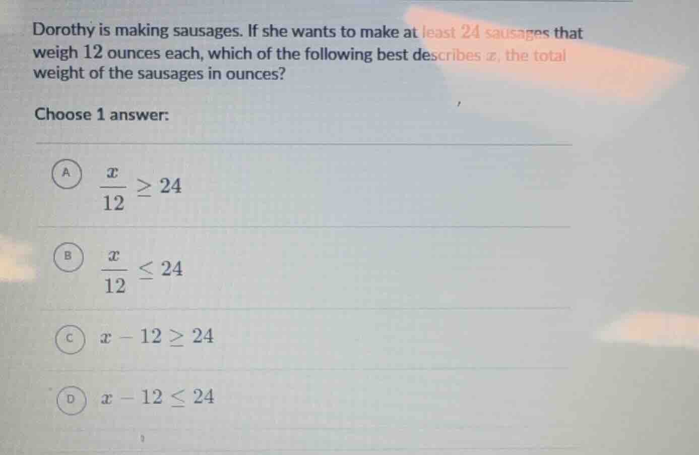 dorothy is making sausages. if she wants to make at least 24 sausages t…