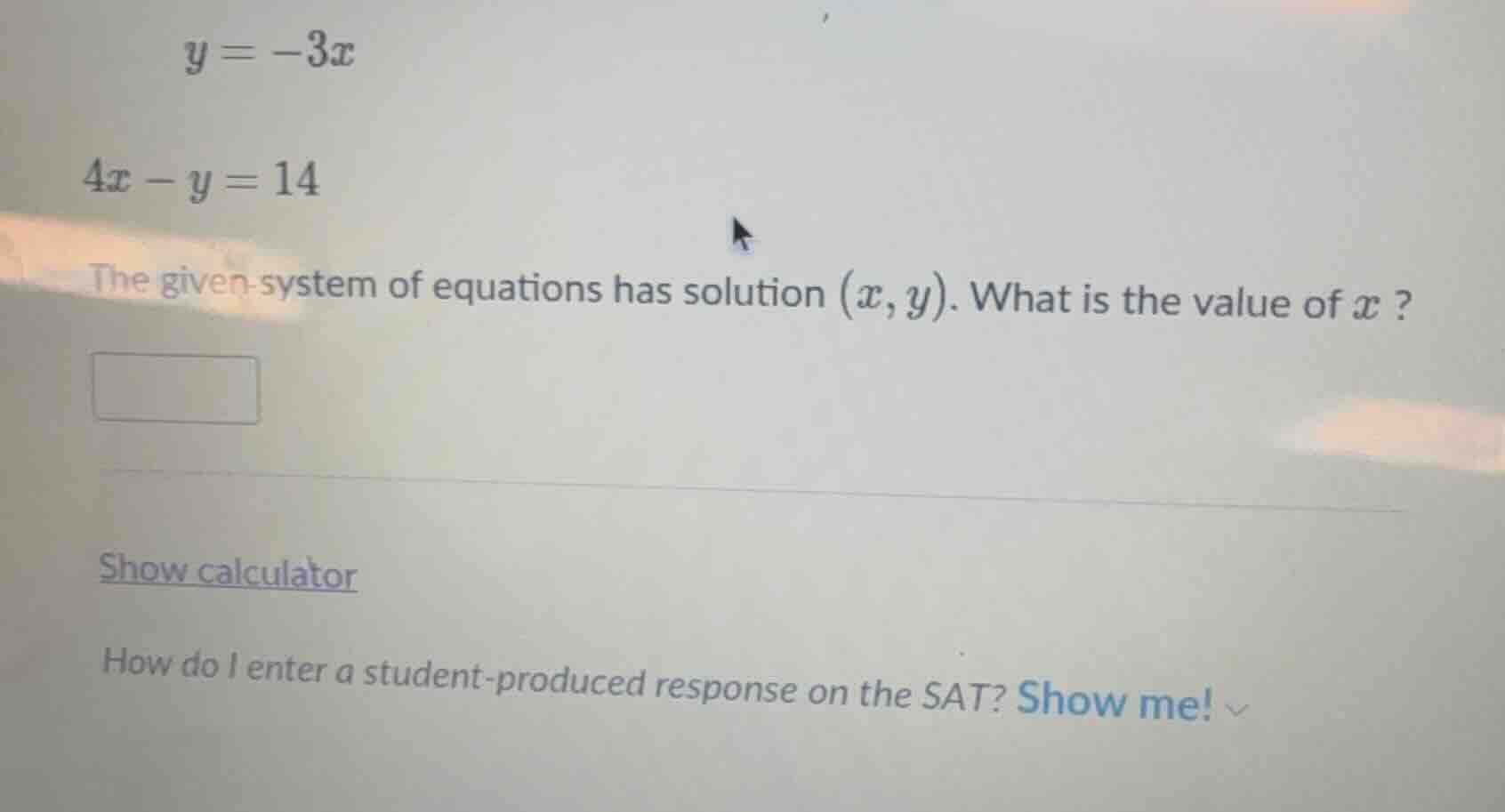 y = -3x 4x - y = 14 the given system of equations has solution (x, y). …