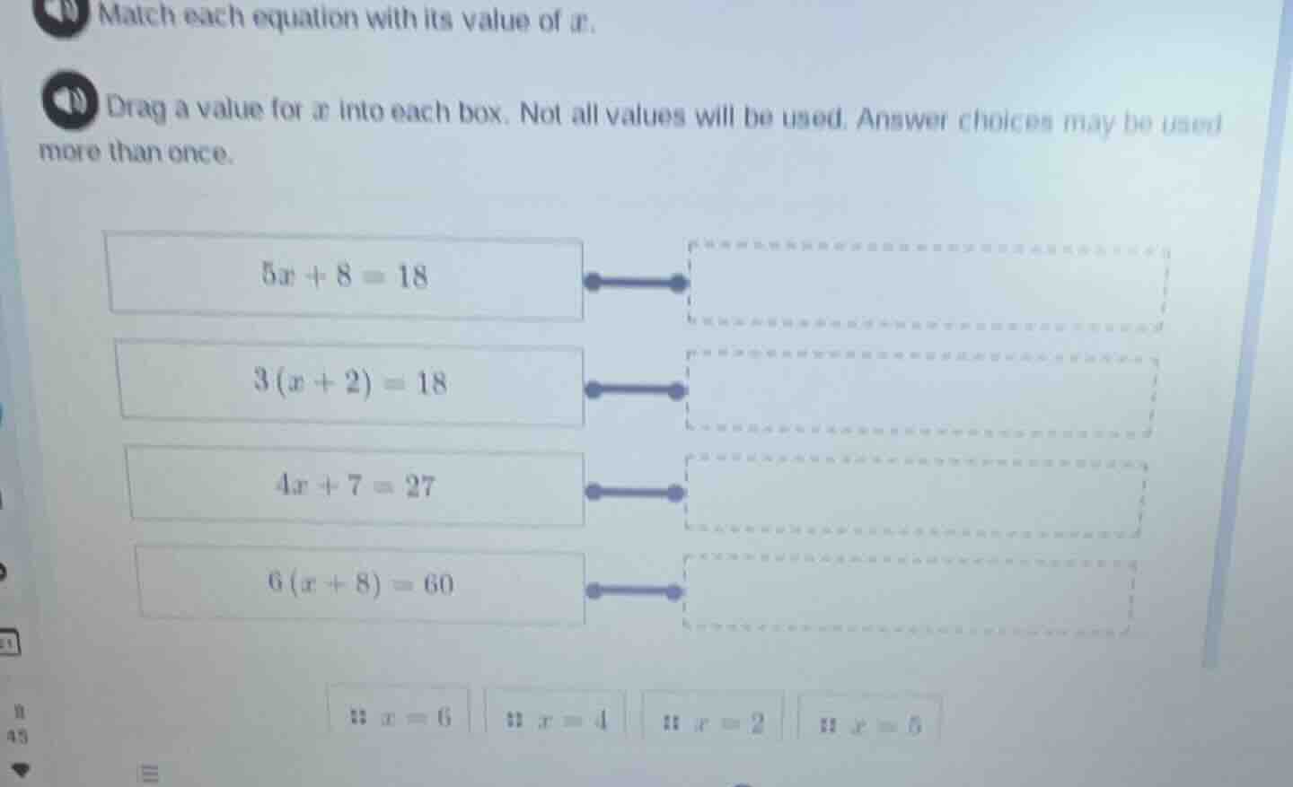 match each equation with its value of x. drag a value for x into each b…