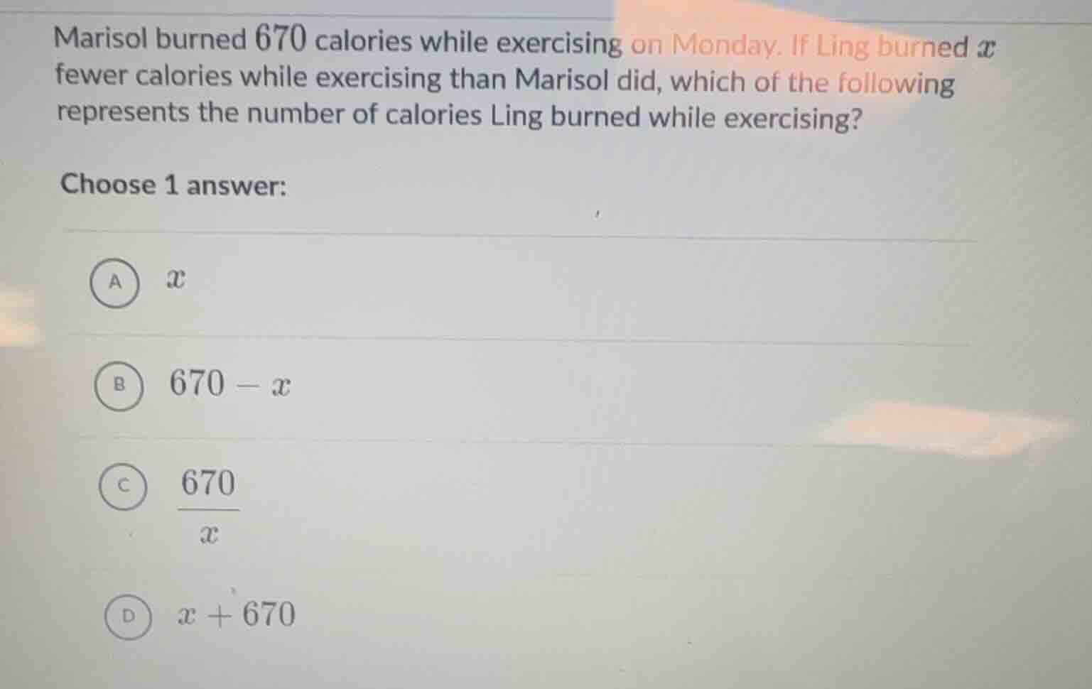 marisol burned 670 calories while exercising on monday. if ling burned …