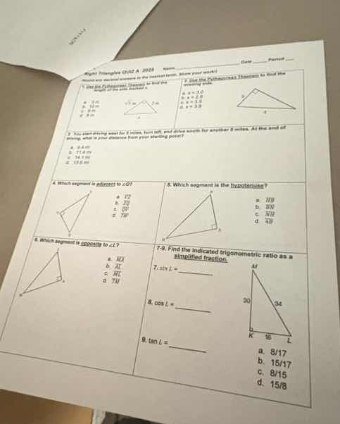 right triangle quiz a 2019 name date period 1. use the pythagorean theo…