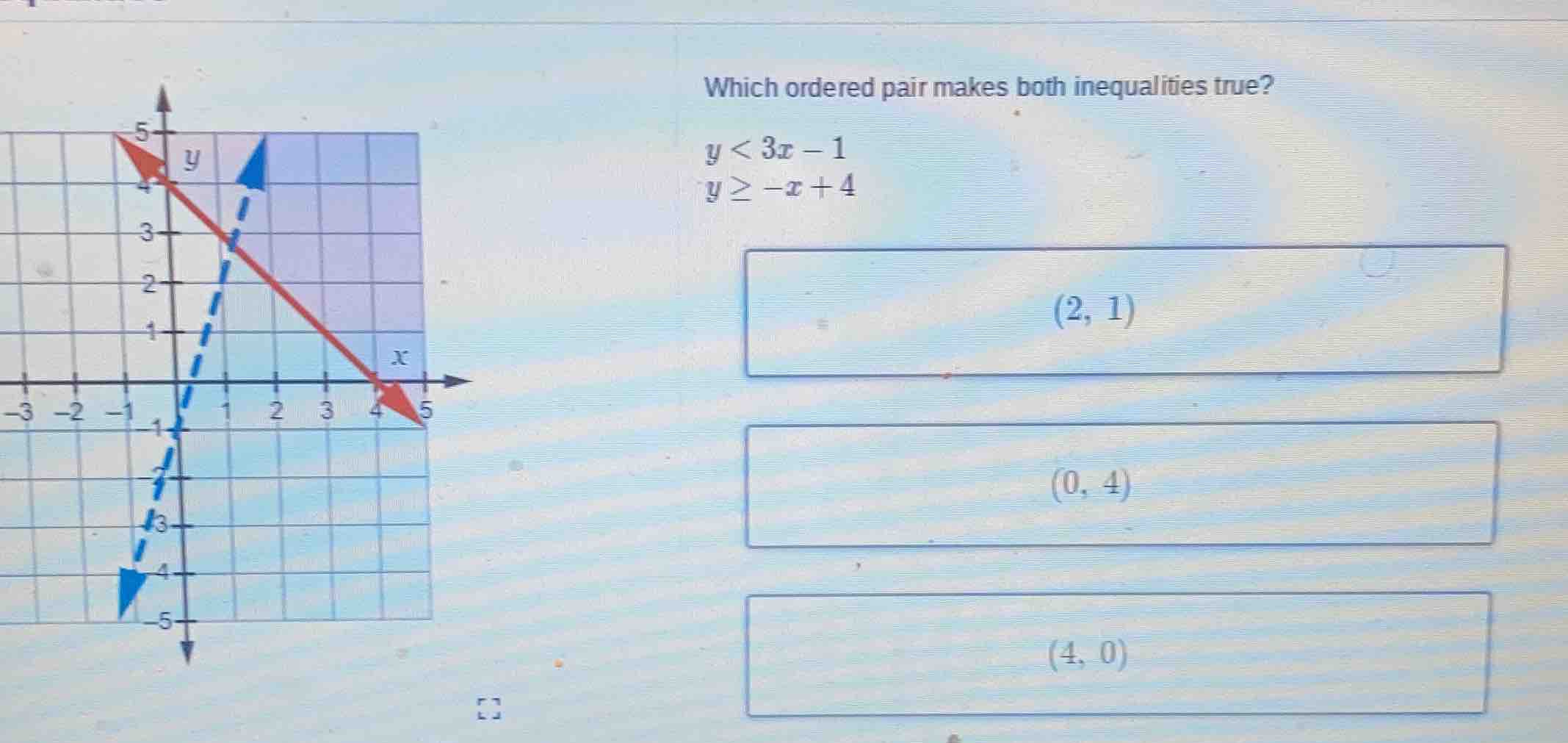 which ordered pair makes both inequalities true? y < 3x - 1 y ≥ -x + 4 …