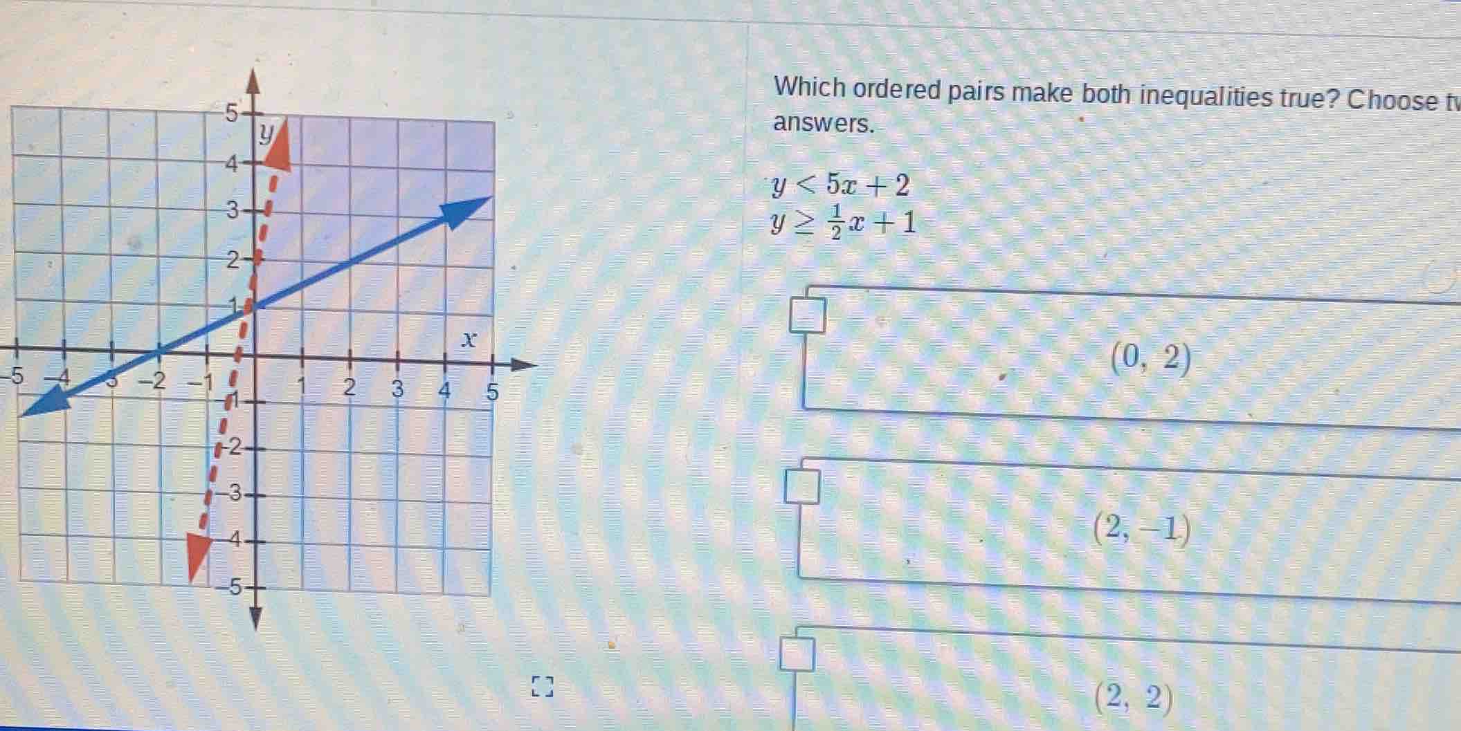 which ordered pairs make both inequalities true? choose two answers. y …