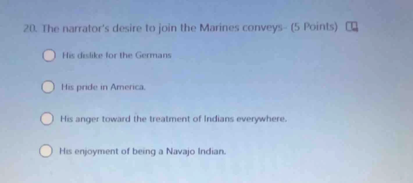 20. the narrators desire to join the marines conveys (5 points) his dis…