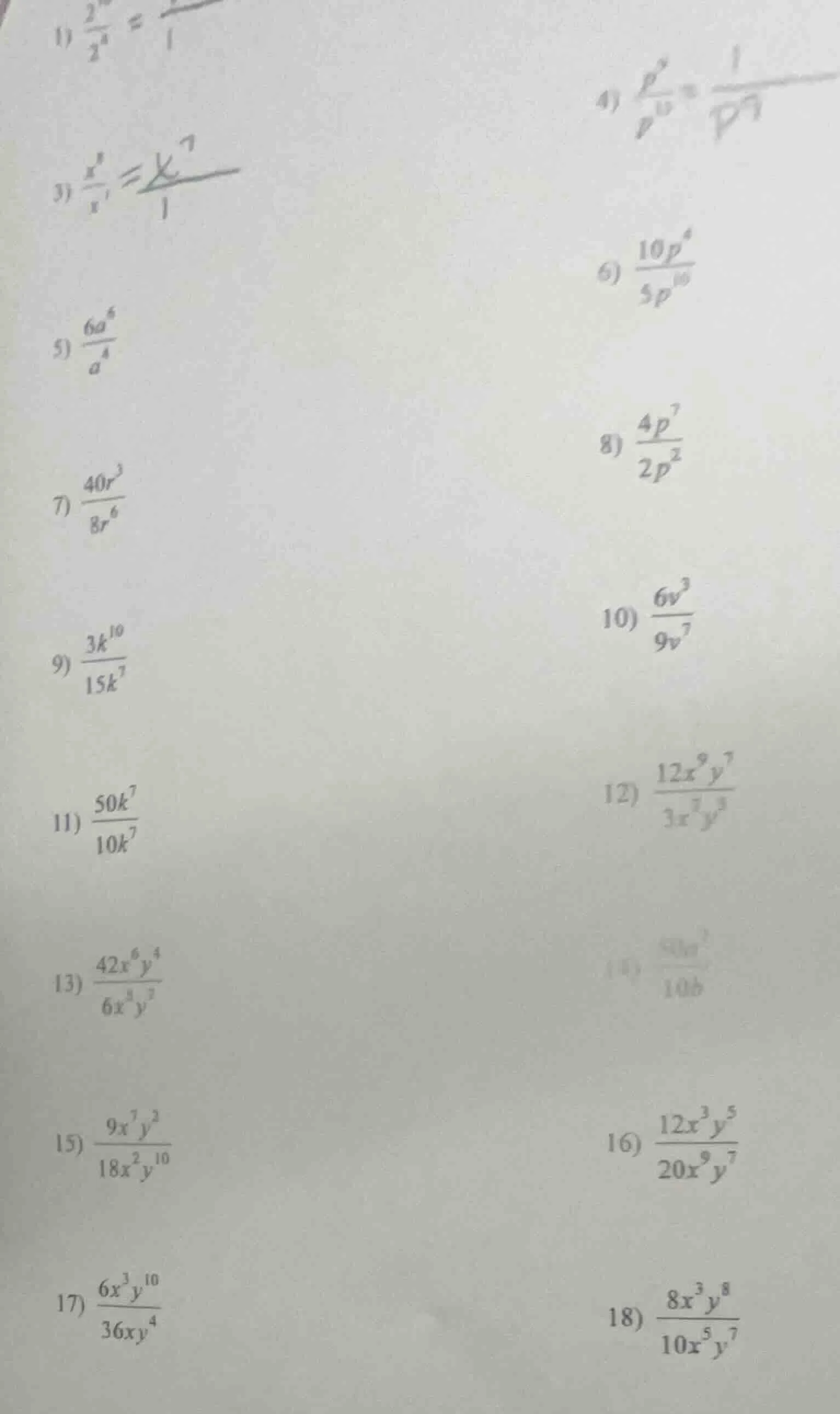 1) \\(\frac{2^{10}}{2^4}\\) = \\(\frac{\\quad}{1}\\) 3) \\(\frac{x^8}{x…