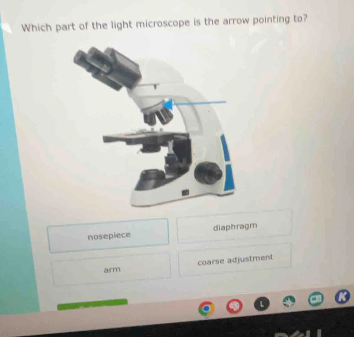 which part of the light microscope is the arrow pointing to? options: n…