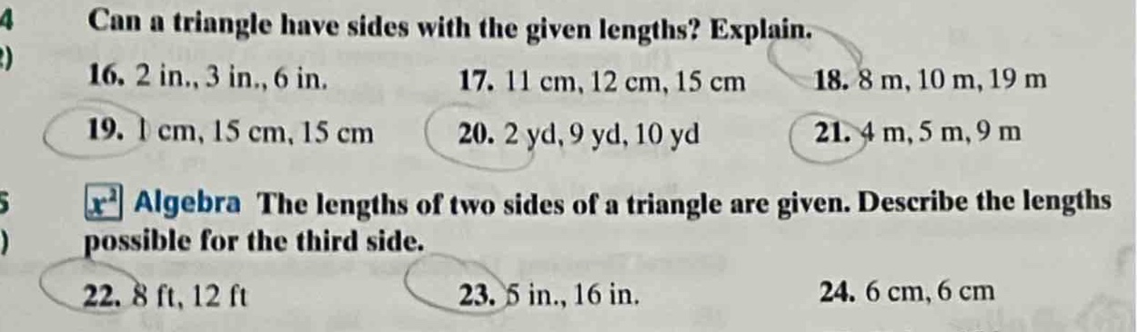 4 can a triangle have sides with the given lengths? explain. 16. 2 in.,…