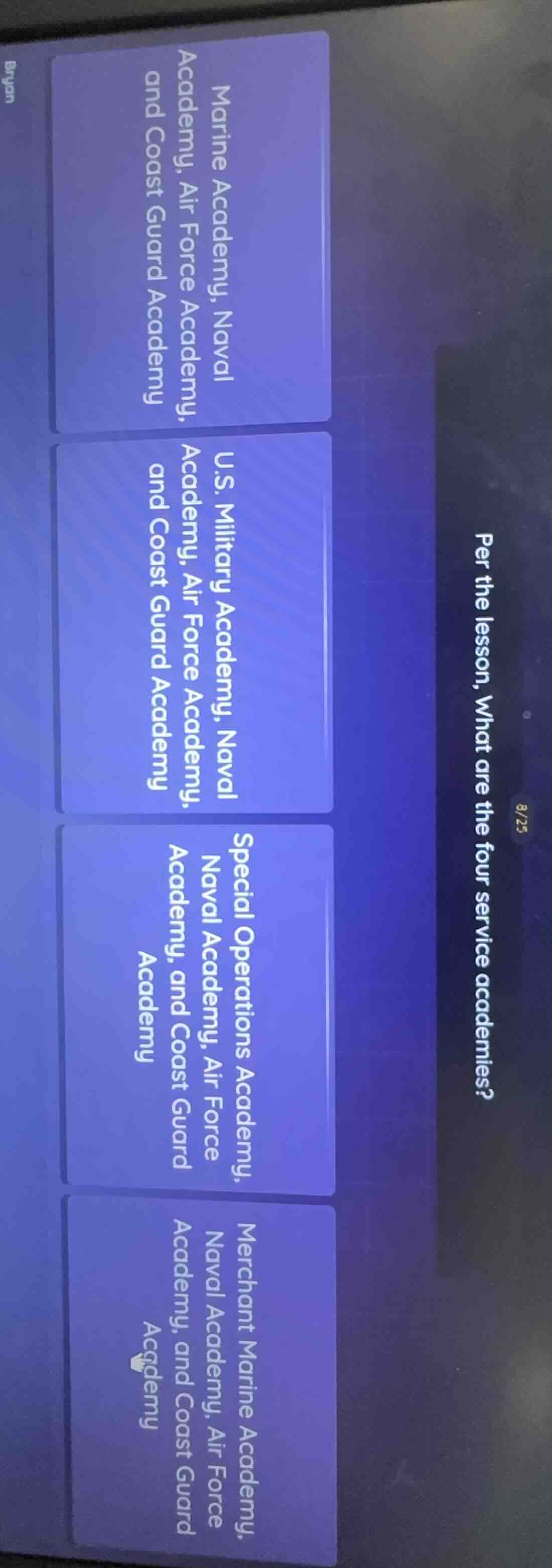 per the lesson, what are the four service academies? marine academy, na…