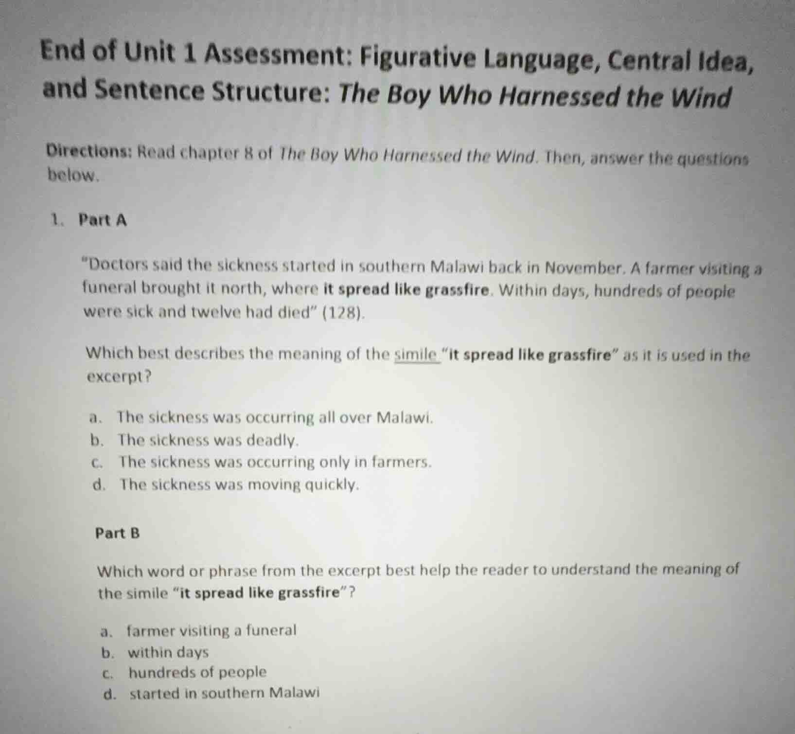 end of unit 1 assessment: figurative language, central idea, and senten…