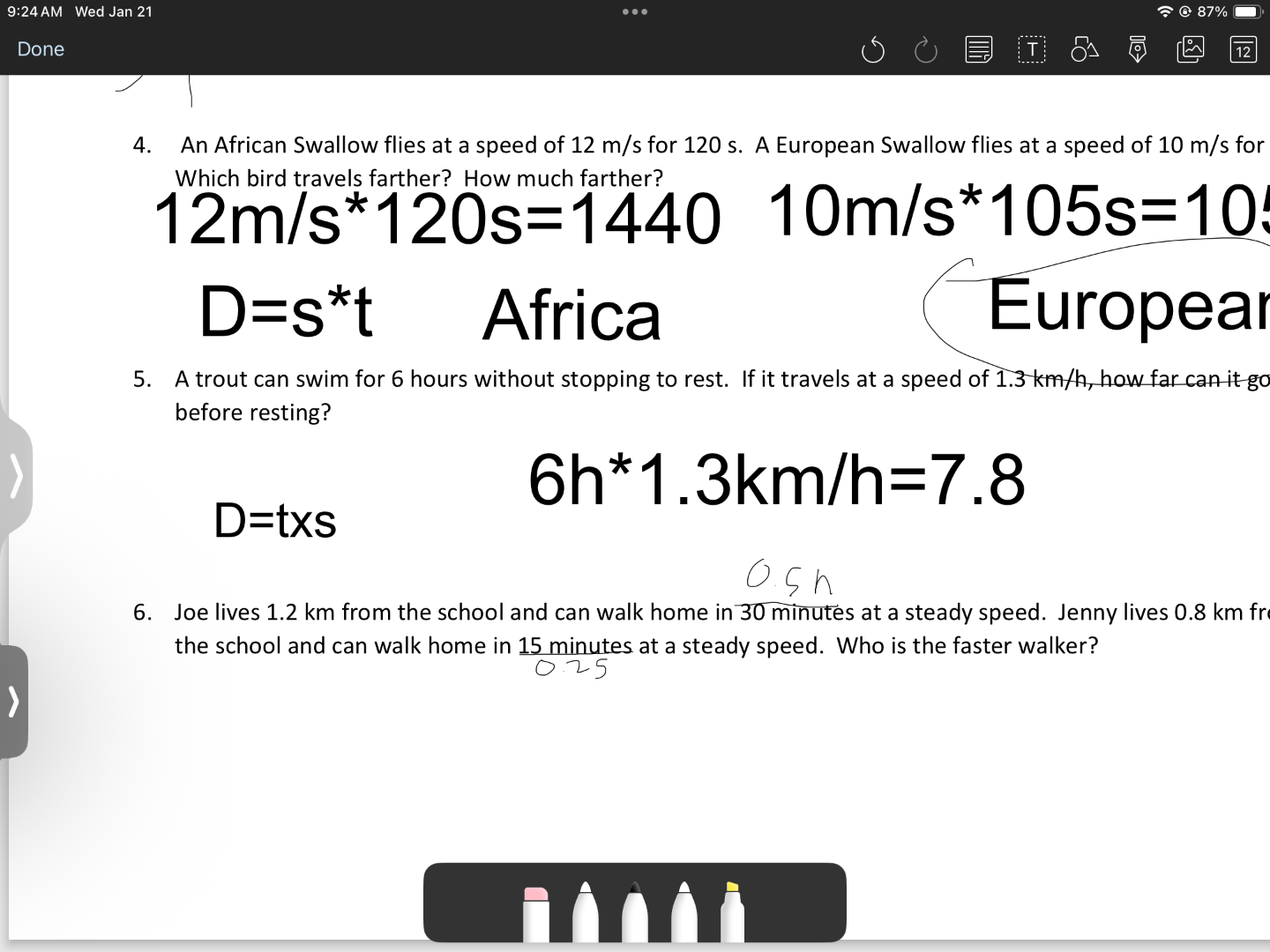 4. an african swallow flies at a speed of 12 m/s for 120 s. a european …