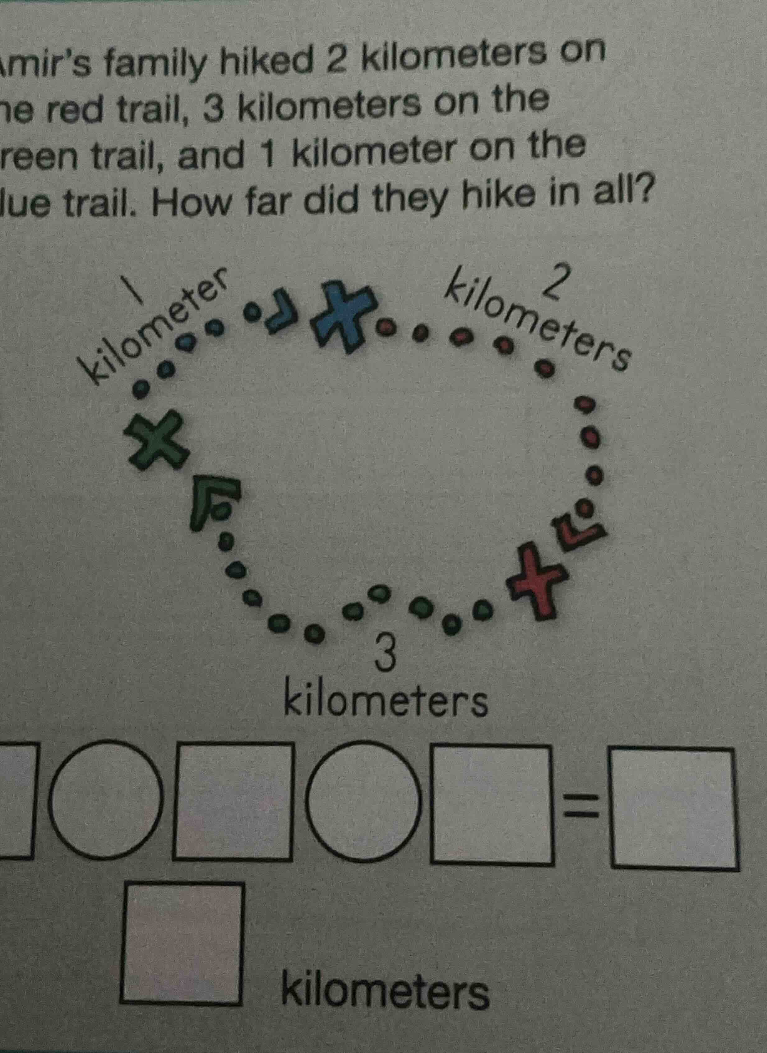 amirs family hiked 2 kilometers on the red trail, 3 kilometers on the g…