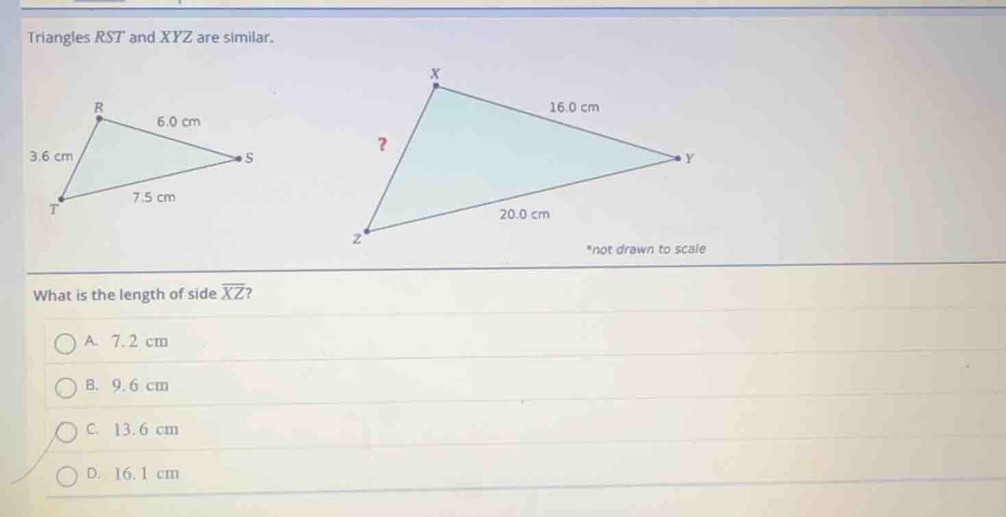 triangles rst and xyz are similar. what is the length of side \\(\\over…