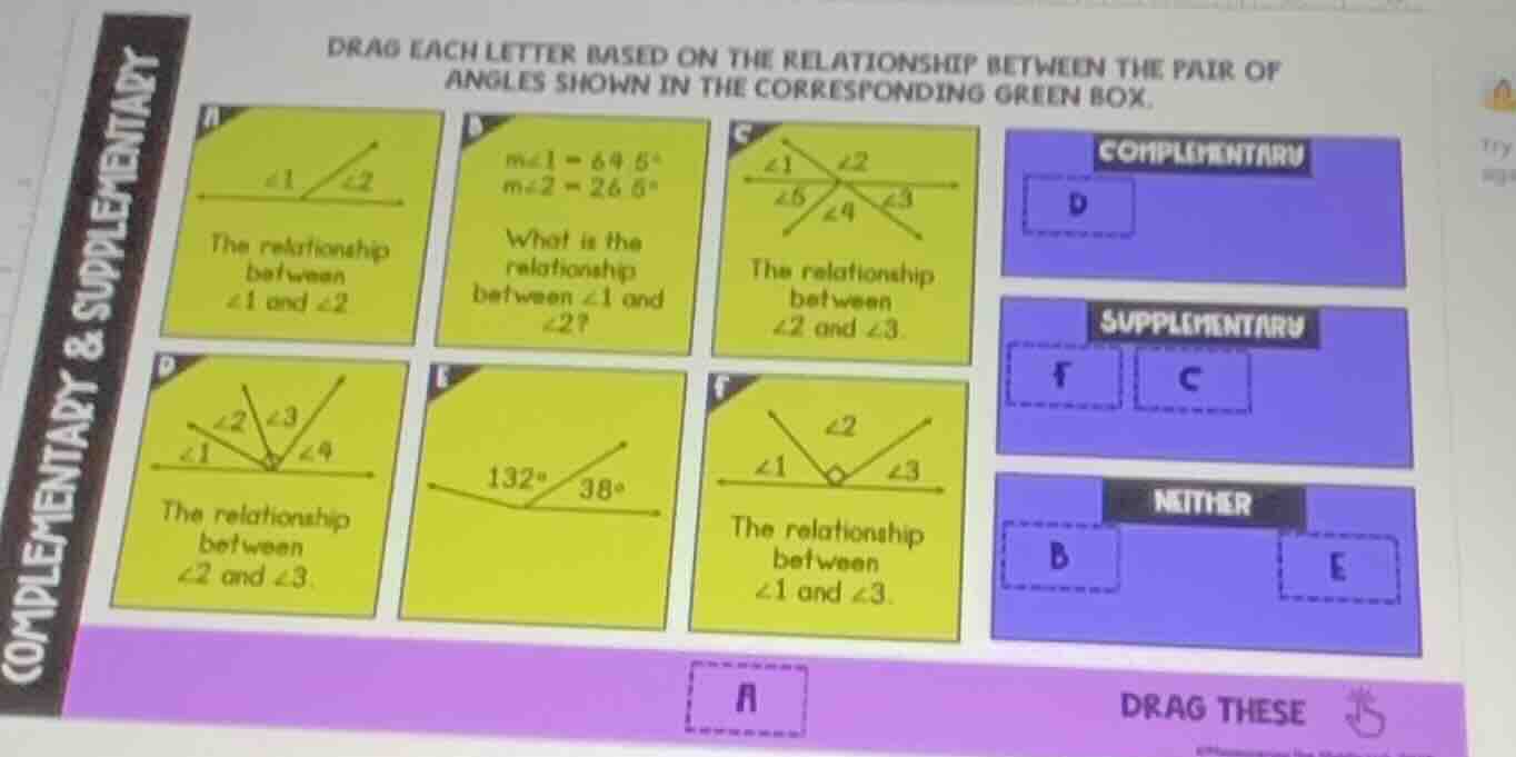 drag each letter based on the relationship between the pair of angles s…