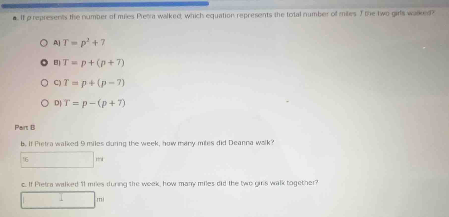 a. if p represents the number of miles pietra walked, which equation re…