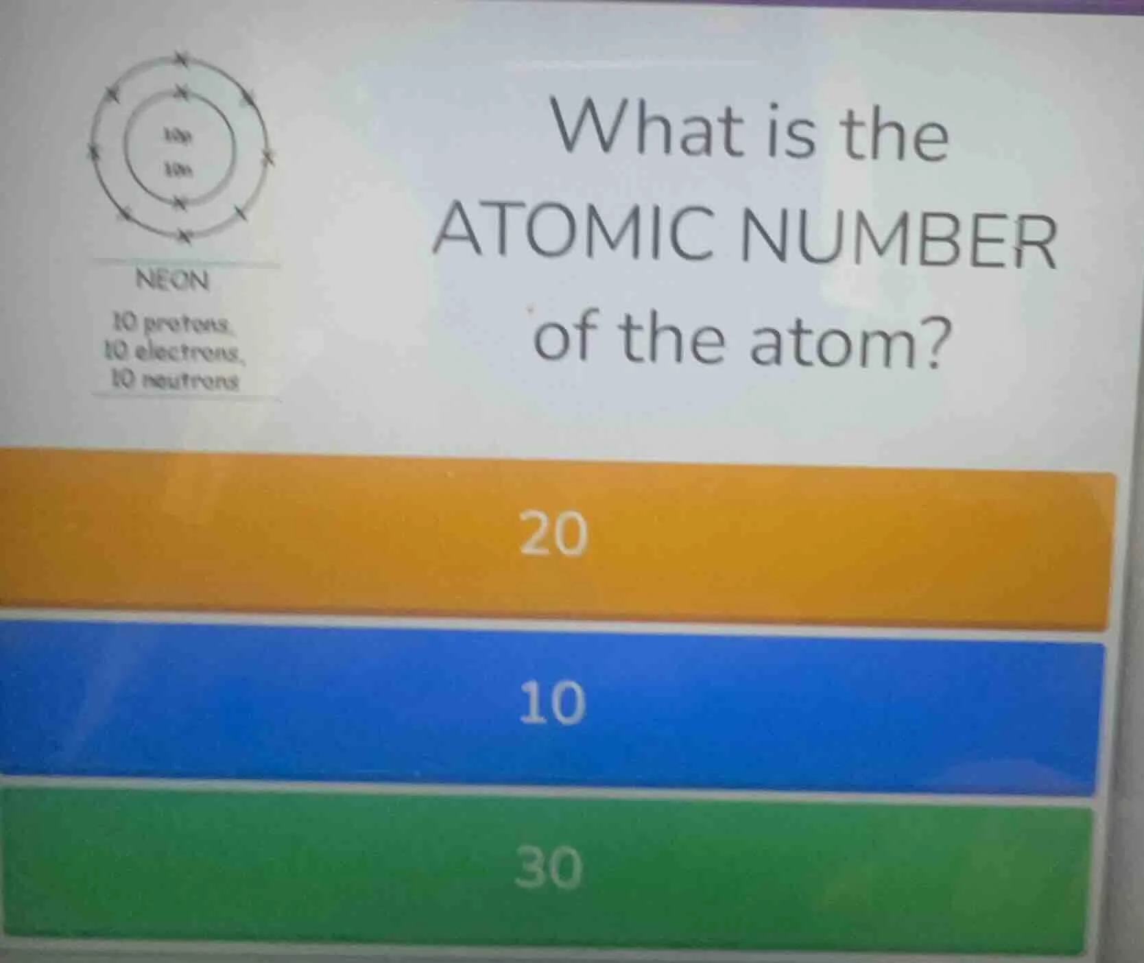 what is the atomic number of the atom? neon 10 protons, 10 electrons, 1…
