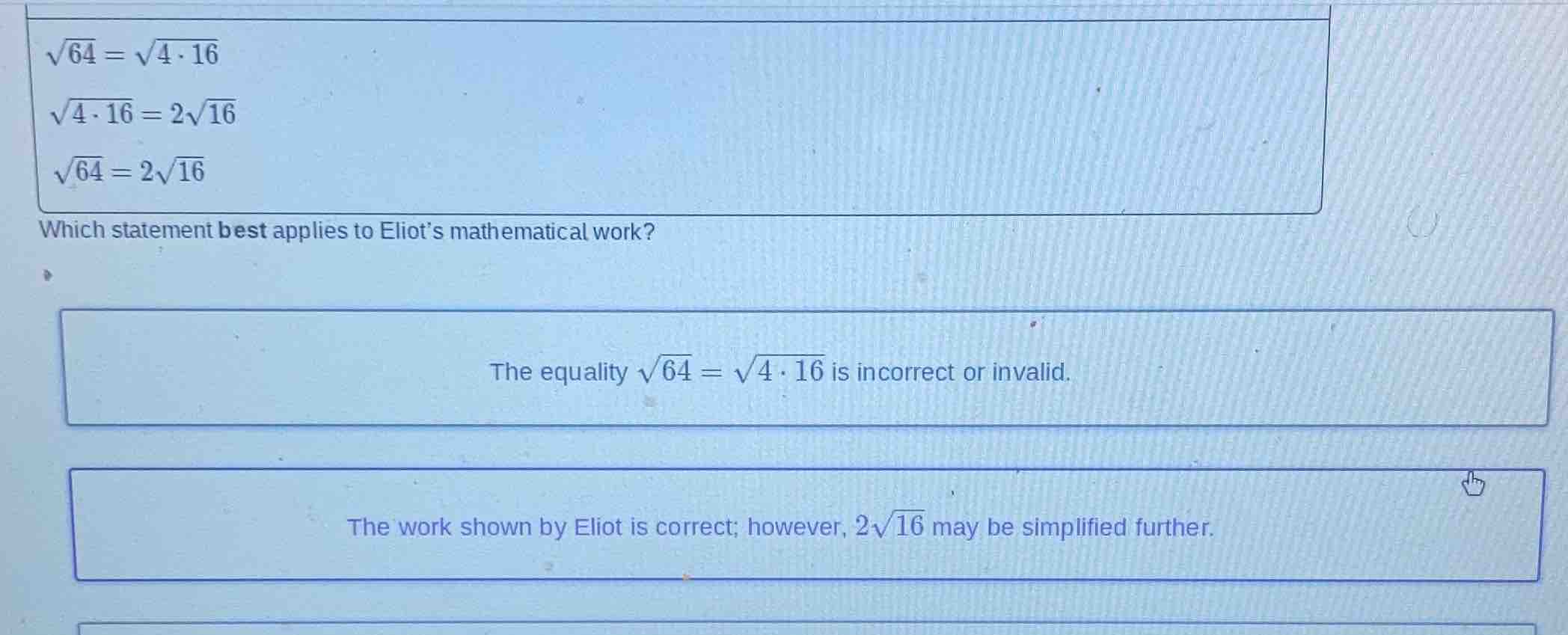 $\\sqrt{64} = \\sqrt{4 \\cdot 16}$ $\\sqrt{4 \\cdot 16} = 2\\sqrt{16}$ …