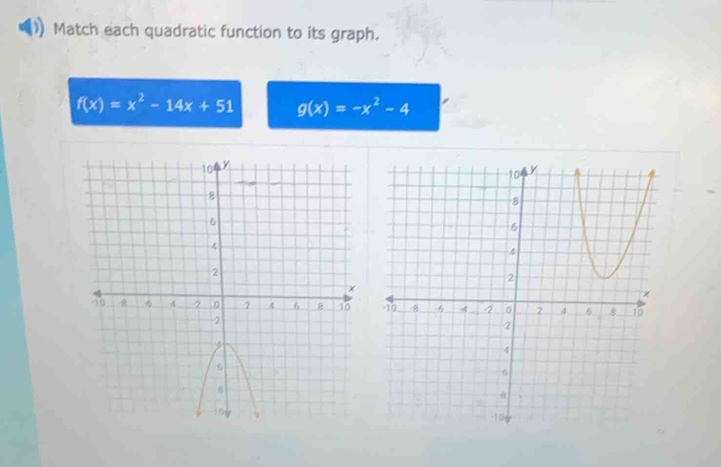 match each quadratic function to its graph.\\(f(x) = x^2 - 14x + 51\\)\…