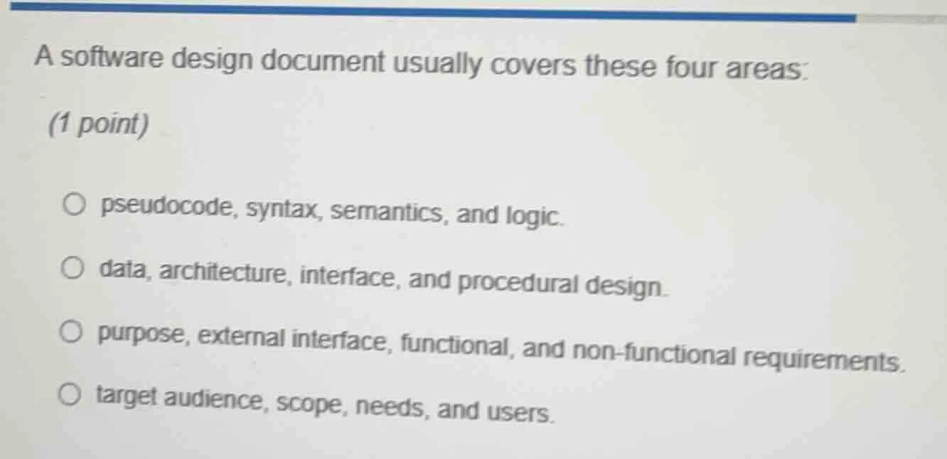 a software design document usually covers these four areas: (1 point) ○…