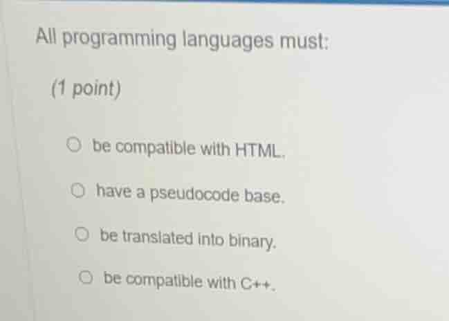 all programming languages must: (1 point) be compatible with html. have…