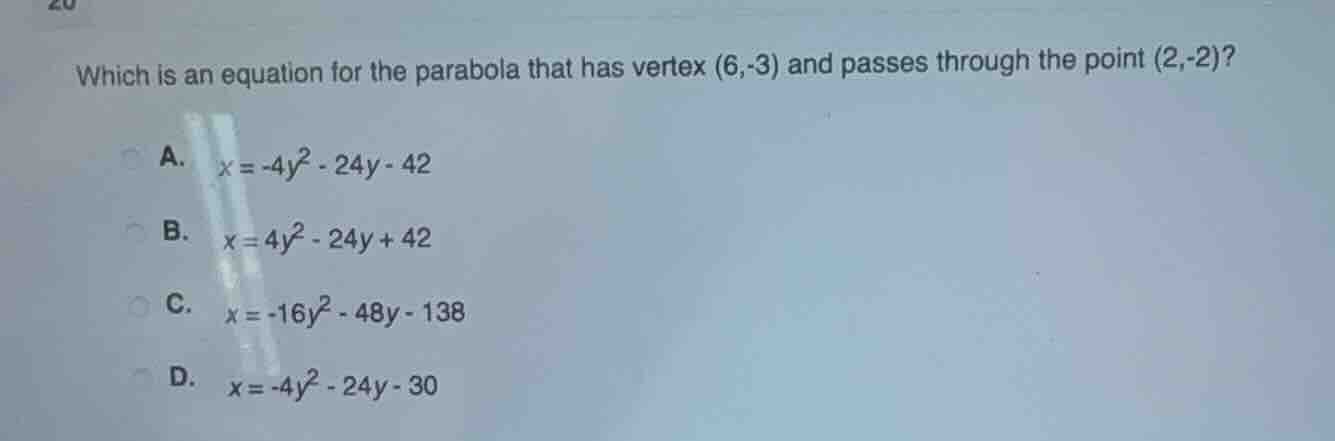 which is an equation for the parabola that has vertex (6,-3) and passes…