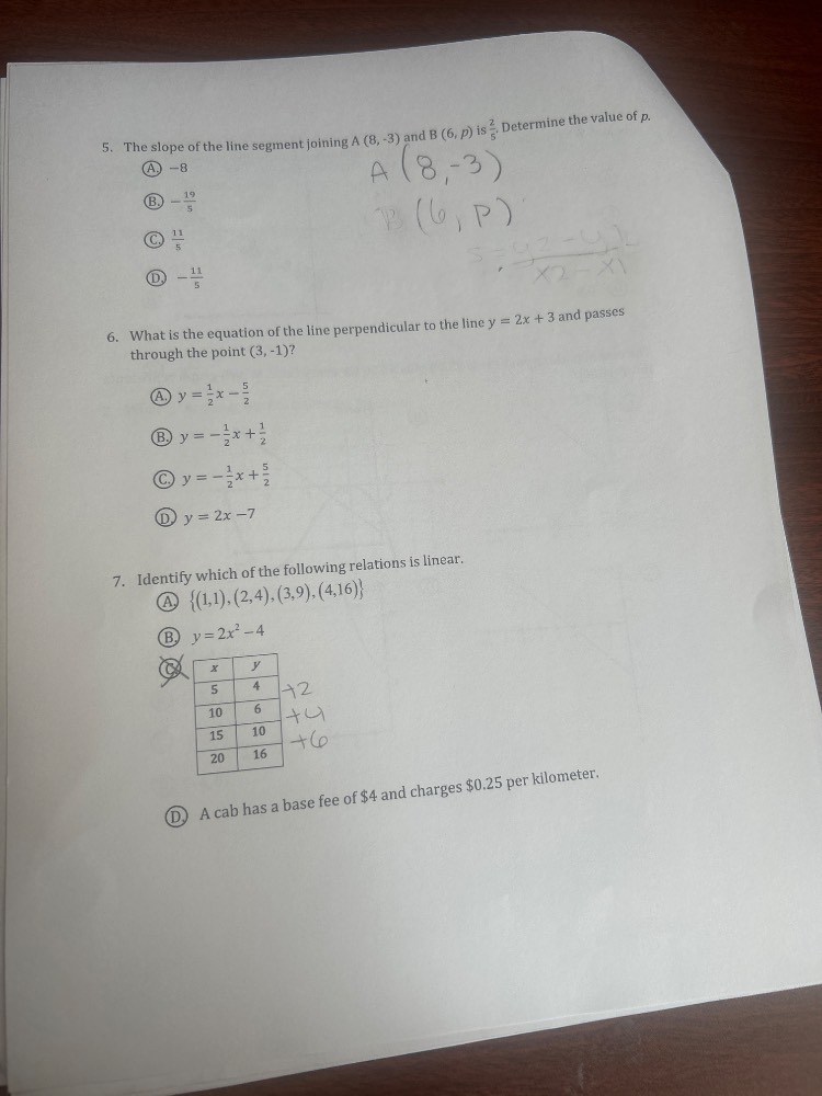 5. the slope of the line segment joining a (8, -3) and b (6, p) is \\(\…