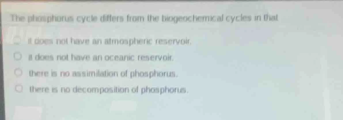 the phosphorus cycle differs from the biogeochemical cycles in that it …