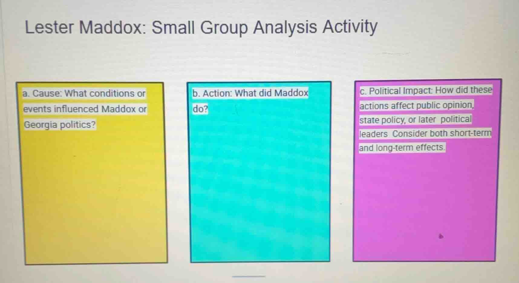 lester maddox: small group analysis activity a. cause: what conditions …