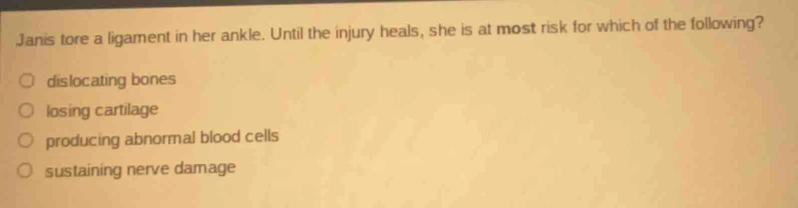 janis tore a ligament in her ankle. until the injury heals, she is at m…