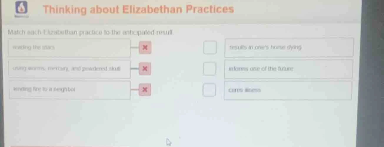 thinking about elizabethan practices match each elizabethan practice to…