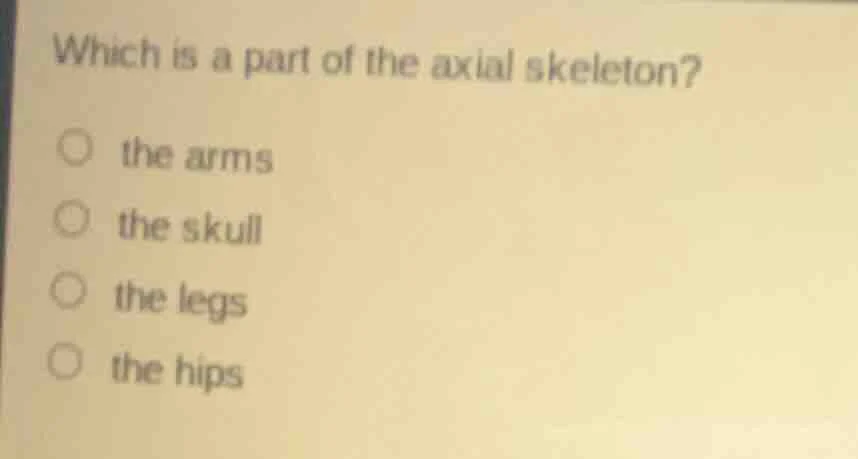 which is a part of the axial skeleton? the arms the skull the legs the …