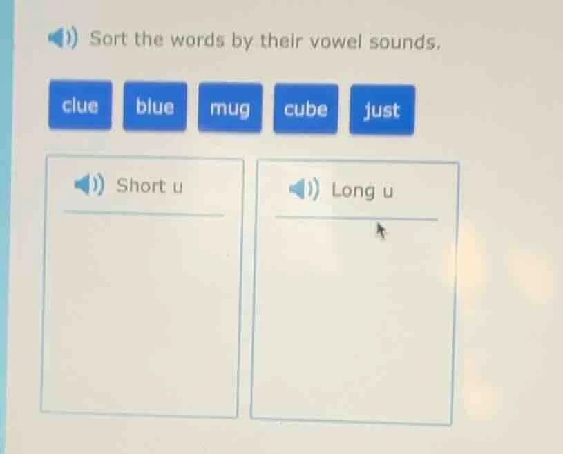 sort the words by their vowel sounds. clue blue mug cube just short u l…