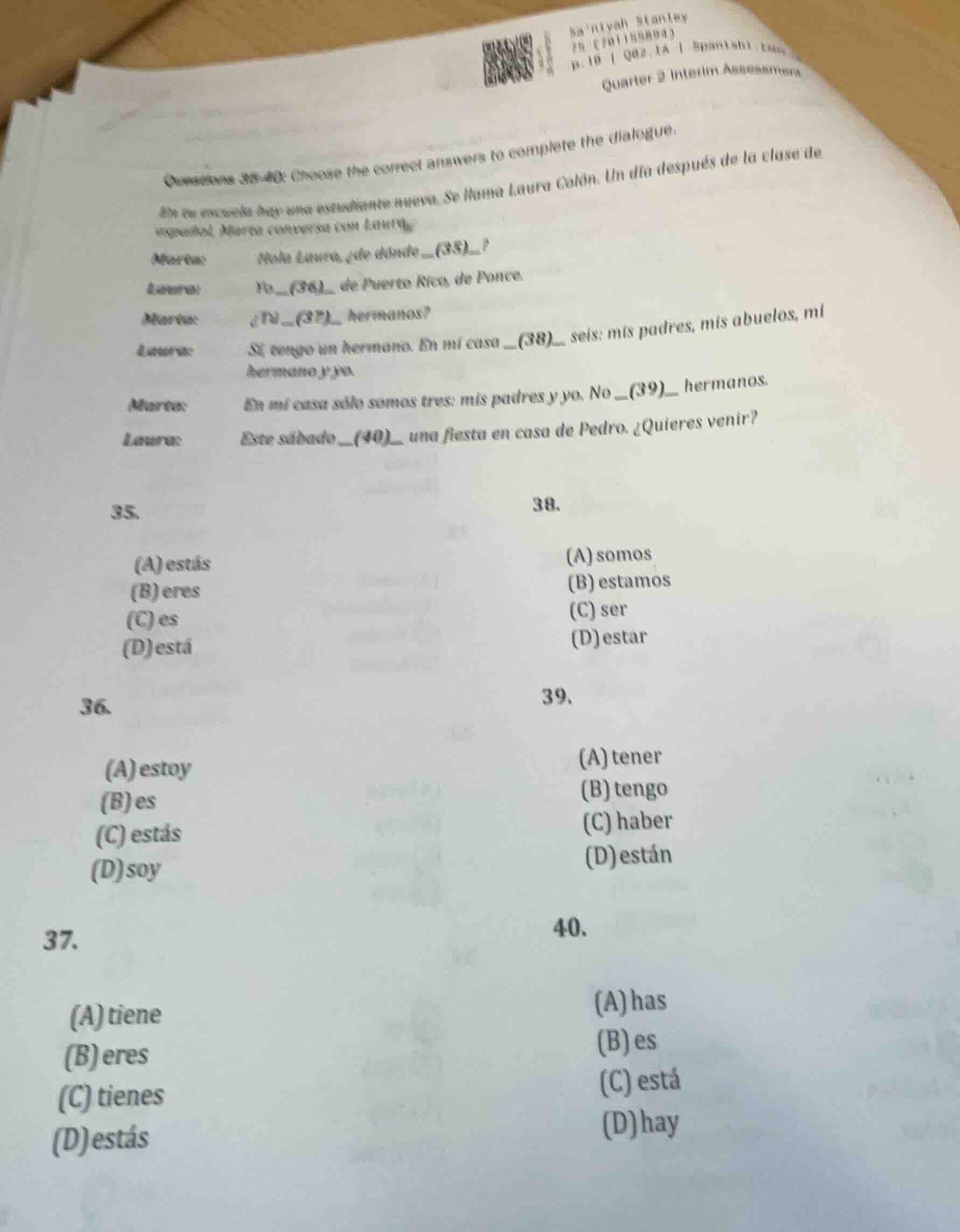 questions 35 - 40: choose the correct answers to complete the dialogue.…